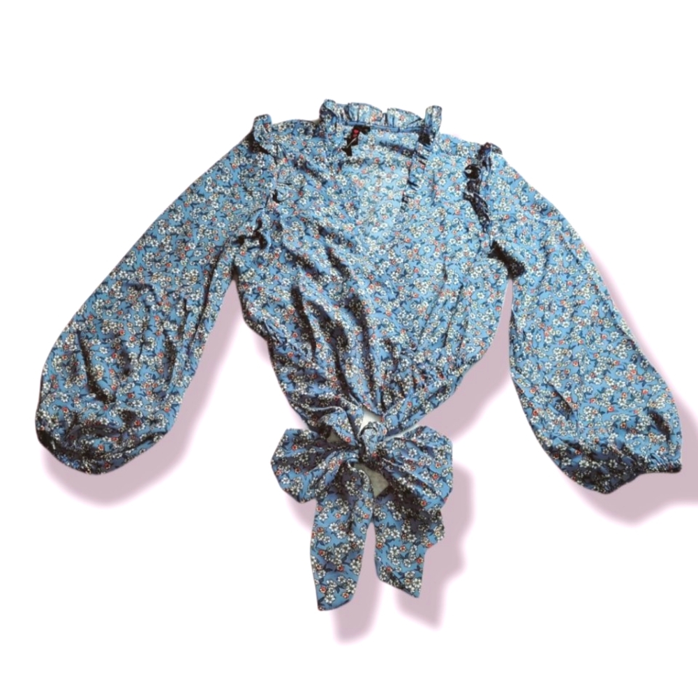 Big Strike Usa Women's Blue V-Neck Floral Long Sleeve Crop-Tie Ruffle Top Size M